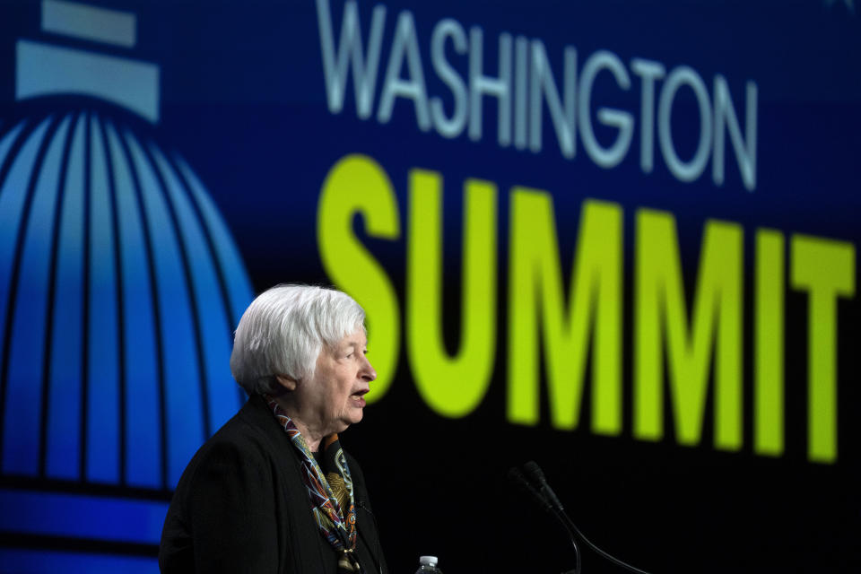 Treasury Secretary Janet Yellen speaks to the American Bankers Association, Tuesday, March 21, 2023, in Washington. (AP Photo/Manuel Balce Ceneta)