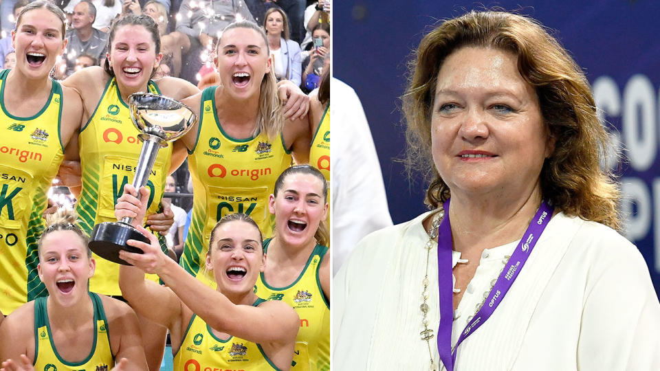 Pictured right is mining magnate Gina Rinehart and Australia's victorious Constellation Cup side on the left.