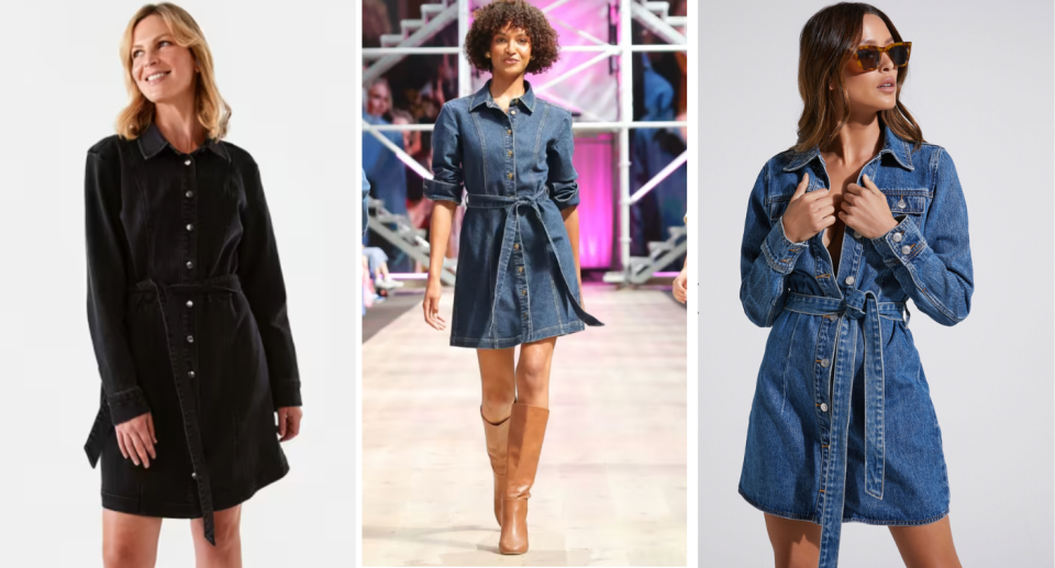 woman wearing denim dress, woman on catwalk