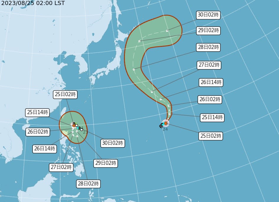 吳德榮指出，歐洲及日本模擬蘇拉颱風轉向西北，31日20時籠罩台灣，美國模擬則修改為轉向偏西、經巴士海峽進入南海。（圖：氣象局網站）