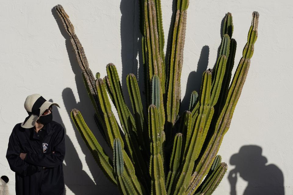 FILE - A woman waits for her companion near a cactus as they leave a spring training baseball game between the Chicago Cubs and the San Francisco Giants, March 10, 2021, in Scottsdale, Ariz. (AP Photo/Ashley Landis, File)