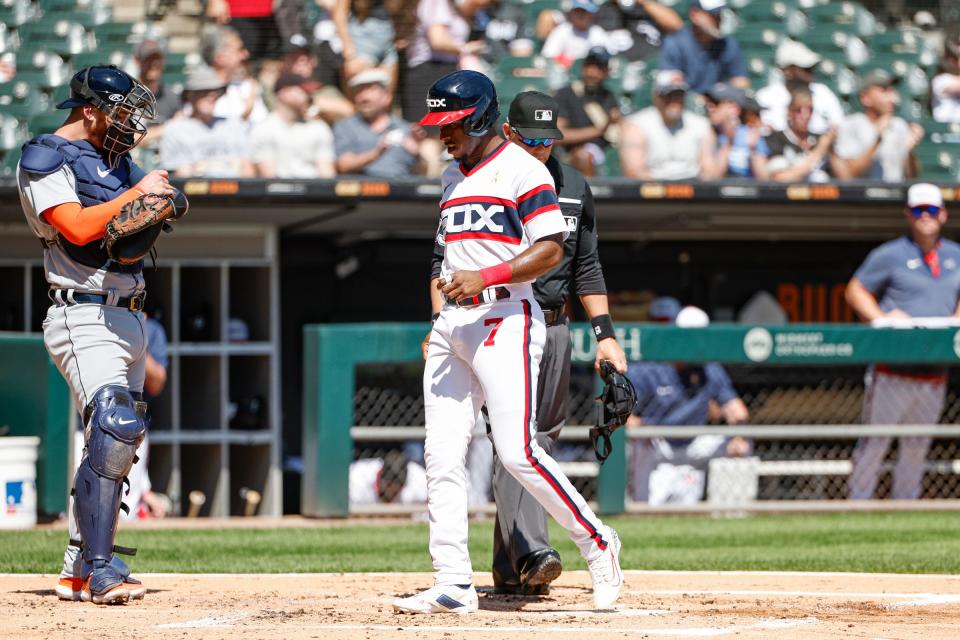 Chicago White Sox shortstop Tim Anderson scores against the Detroit Tigers during the first inning at Guaranteed Rate Field in Chicago, Illinois on Sept. 3, 2023.