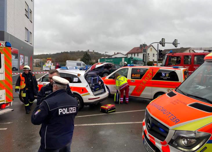 Emergency vehicles at the scene after a car ploughed into a carnival parade injuring several people in Volkmarsen