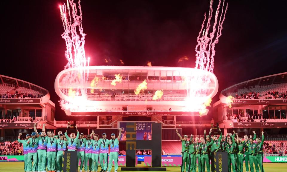 <span>Last year’s Hundred Women’s champions, Southern Brave, and the winner of the men’s competition, Oval Invincibles, celebrate at Lord’s.</span><span>Photograph: Alex Davidson/ECB/Getty Images</span>