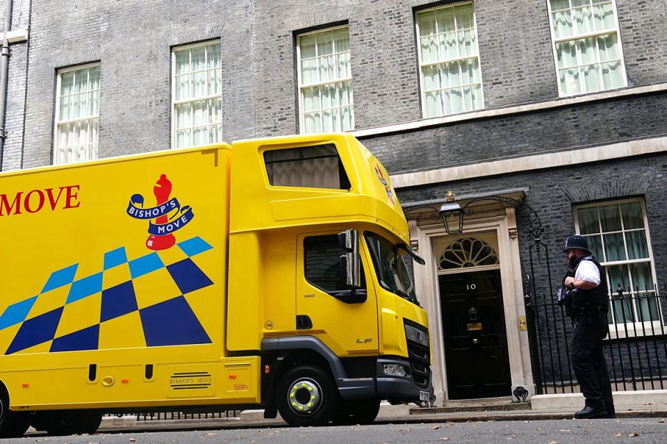 15 August 2022: A van from the company Bishop’s Move, which specialises in removals, storage and shipping, outside Downing Street, London (PA)