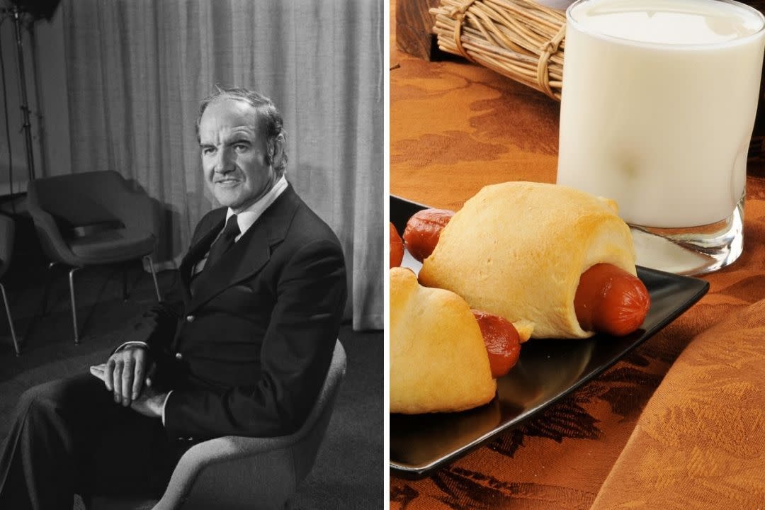 Composite: George McGovern and hotdogs with a glass of milk