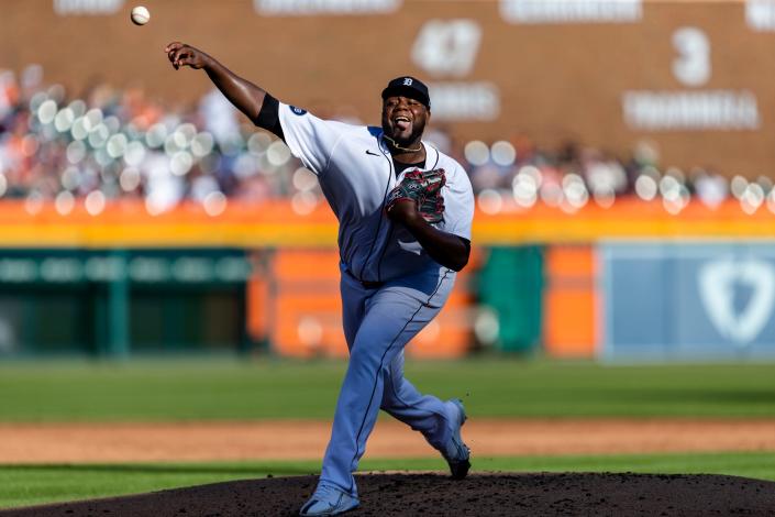 Detroit Tigers starting pitcher Michael Pineda (38) pitches during the second inning against the Minnesota Twins at Comerica Park.