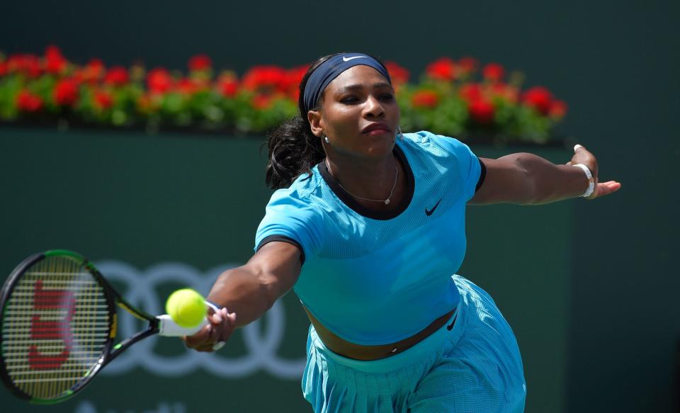 Serena Williams plays in the 2016 Indian Wells final.
