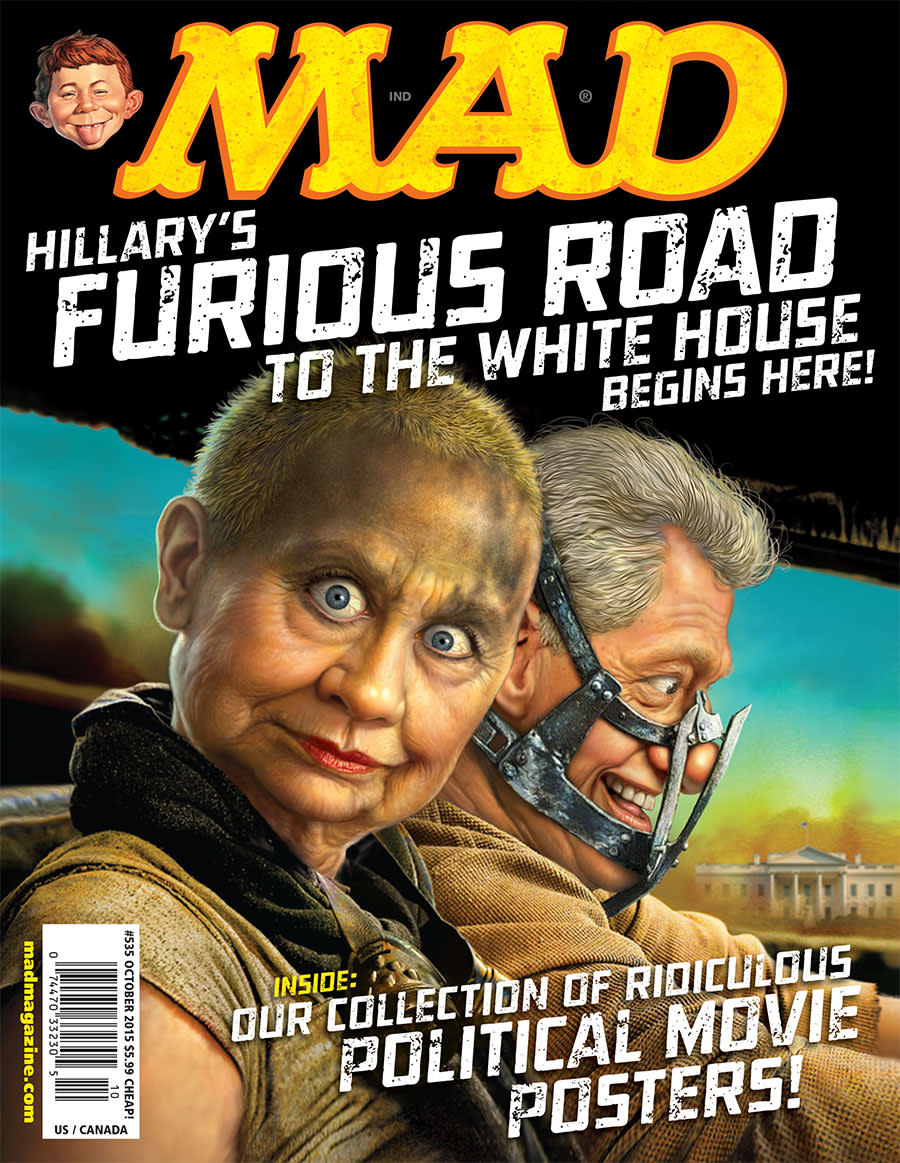 Otra tapa polémica sobre Clinton en la famosa revista satírica MAD que fija su lente en la candidata demócrata y su “Furioso camino a la Casa Blanca”. (Oct 2015)