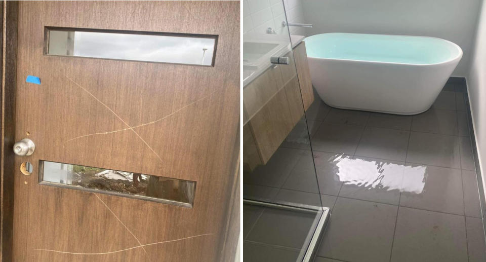 Left: A dark wooden door can be seen with two 'X' scratched onto its surface. Right: A bathroom can be seen with water flooding the floor, as well as a bathtub at the back of the room filled to the brim with water.