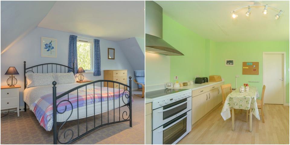 One of the three bedrooms and kitchen in Laundry Cottage.