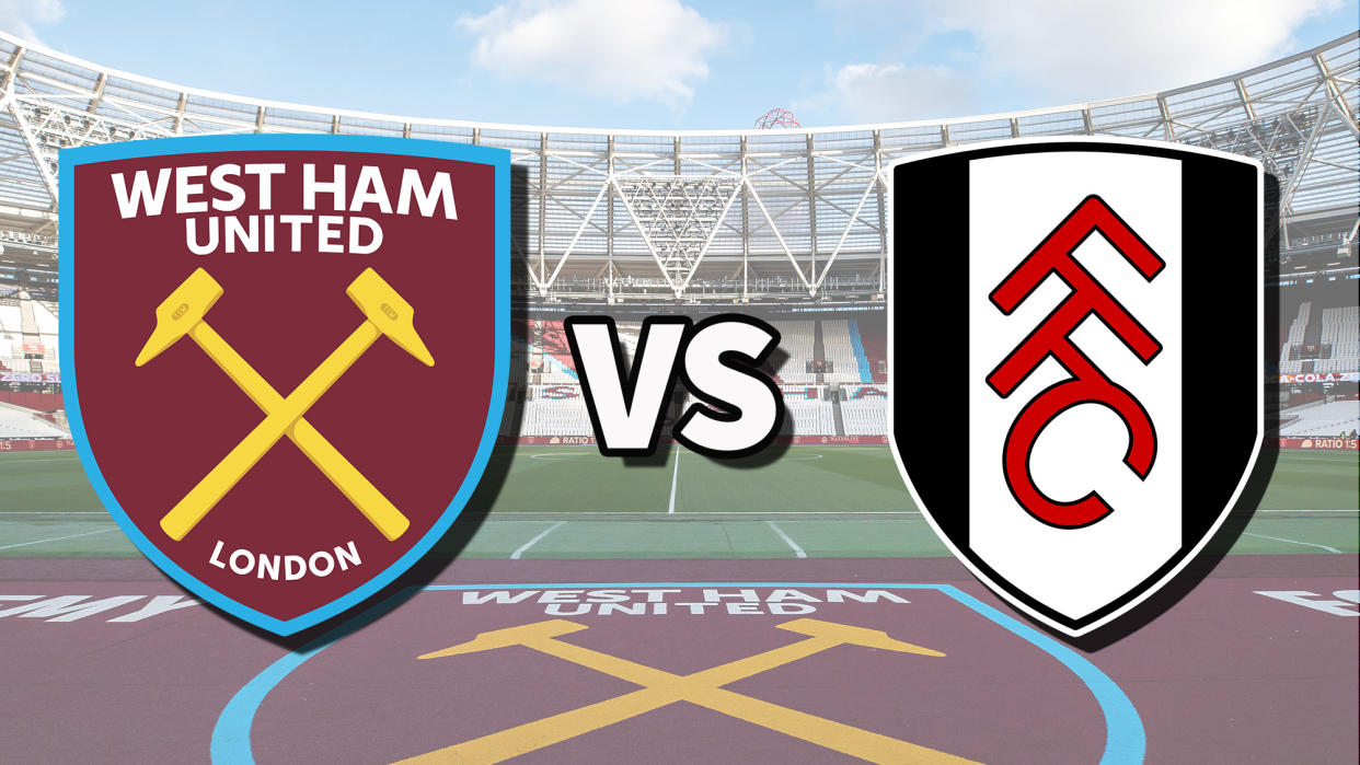  The West Ham United and Fulham club badges on top of a photo of London Stadium in London, England. 