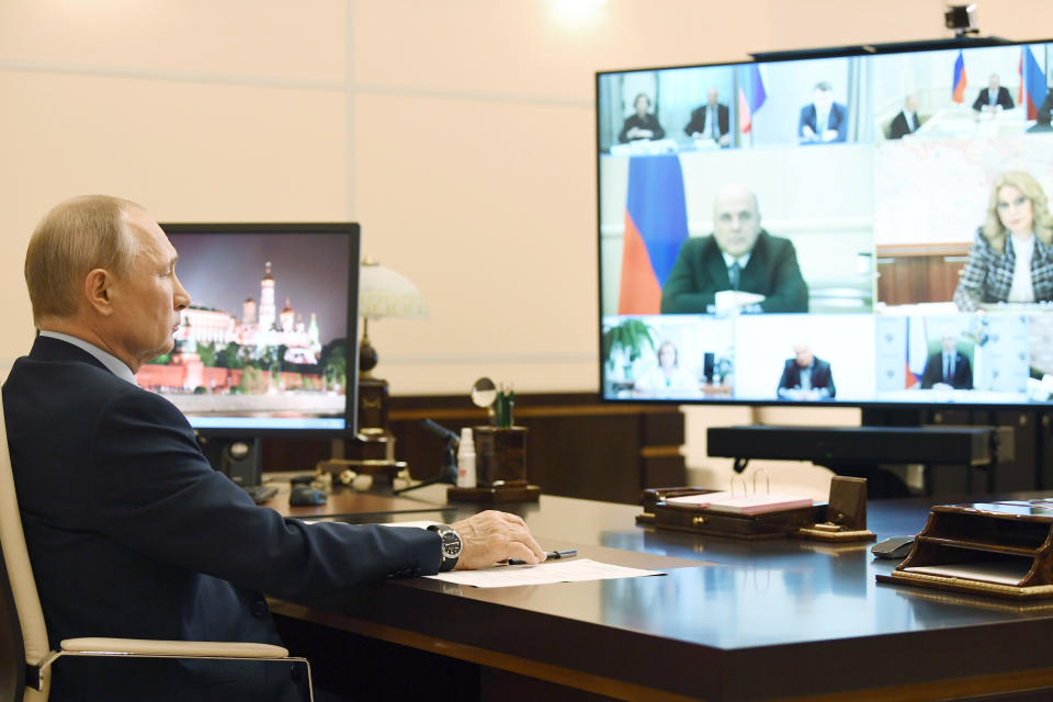 MOSCOW REGION, RUSSIA - MAY 22, 2020: Russia's President Vladimir Putin holds a meeting via video link from Novo-Ogarevo residence to discuss the current epidemiological situation. Alexei Nikolsky/Russian Presidential Press and Information Office/TASS (Photo by Alexei Nikolsky\TASS via Getty Images)