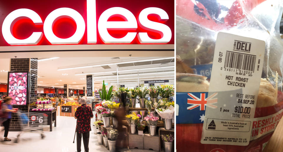 Phot shows front of Coles store and a Coles hot roast chicken.