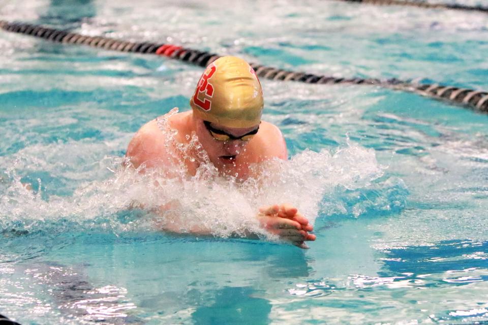 Bergen Catholic's Dimitri Melnikov swims the breaststroke at the state Meet of Champions. March 5, 2023 at GCIT.