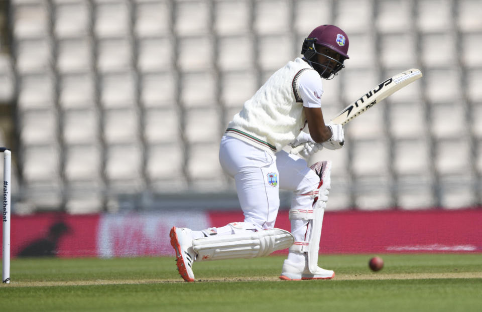 West Indies' Kraigg Brathwaite bats during the third day of the first cricket Test match between England and West Indies, at the Ageas Bowl in Southampton, England, Friday, July 10, 2020. (Mike Hewitt/Pool via AP)