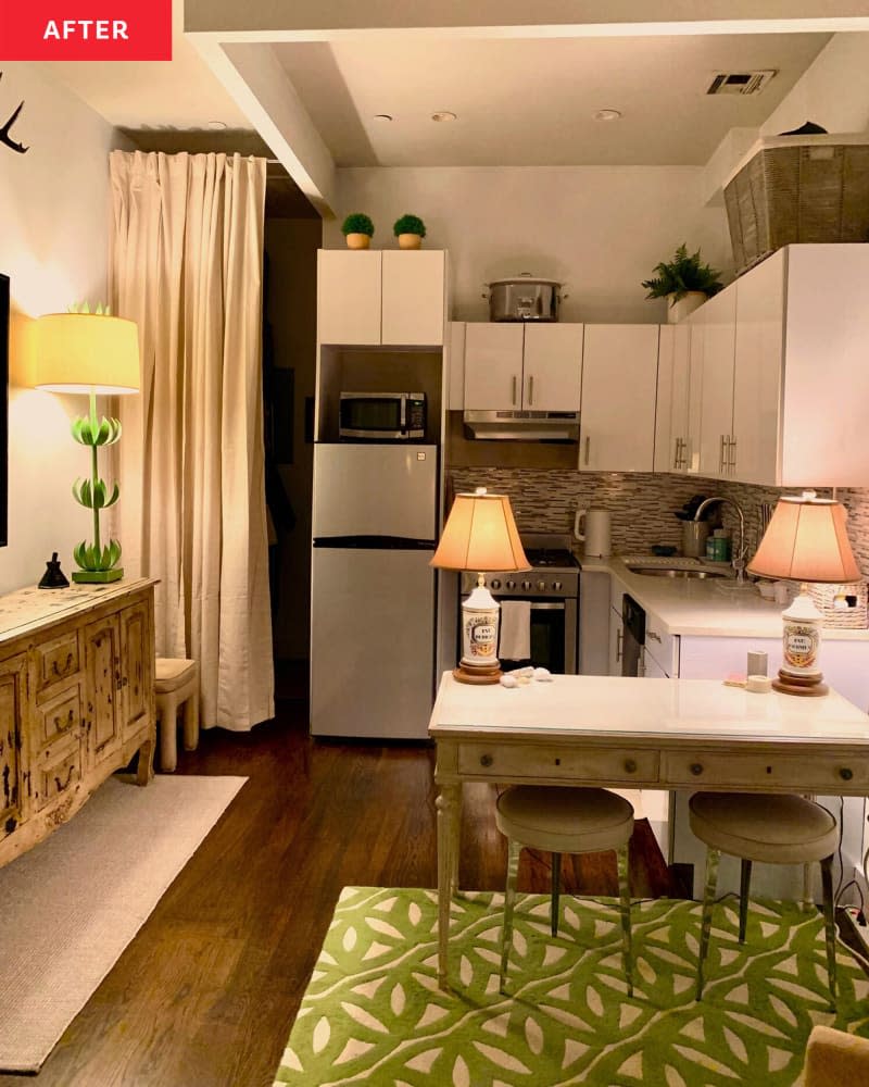 After: white cabinets in a kitchen with lots of lamps