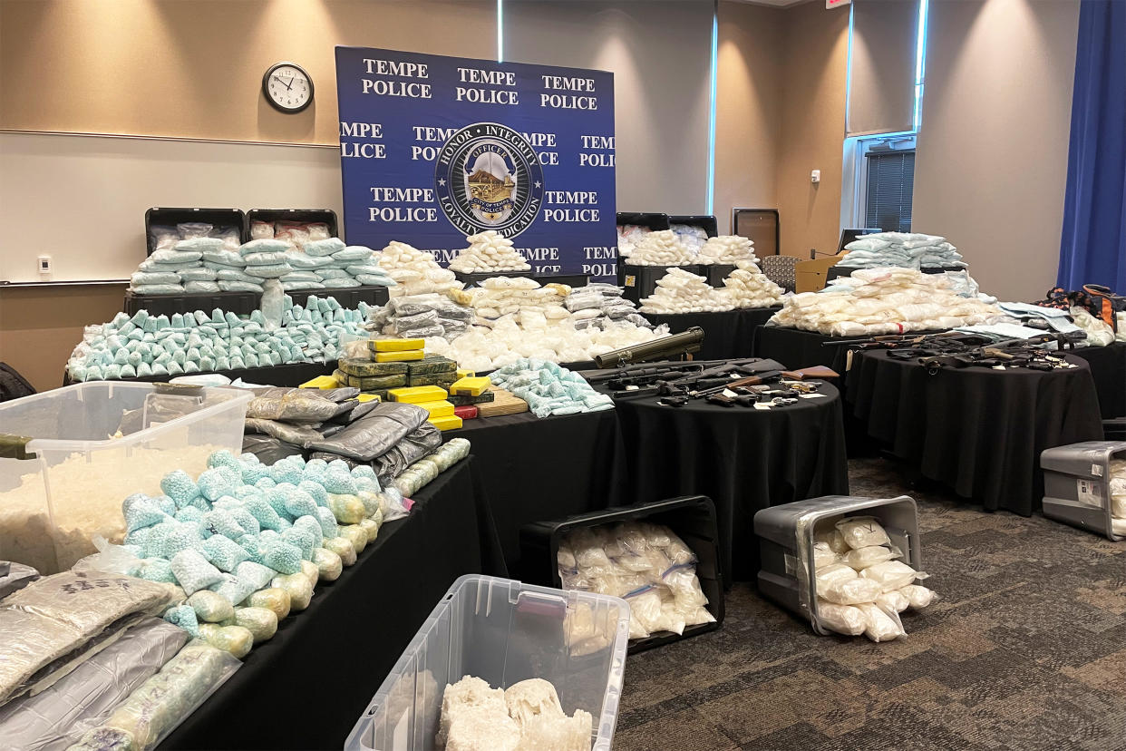 Fentanyl pills, meth and other drugs seized in Tempe, Ariz., on Feb. 23. (Arizona Attorney General Kris Mayes via Twitter)