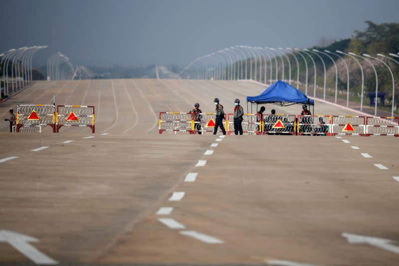 worMyanmar's police checkpoint is seen on the way to the congress compound in Naypyitaw