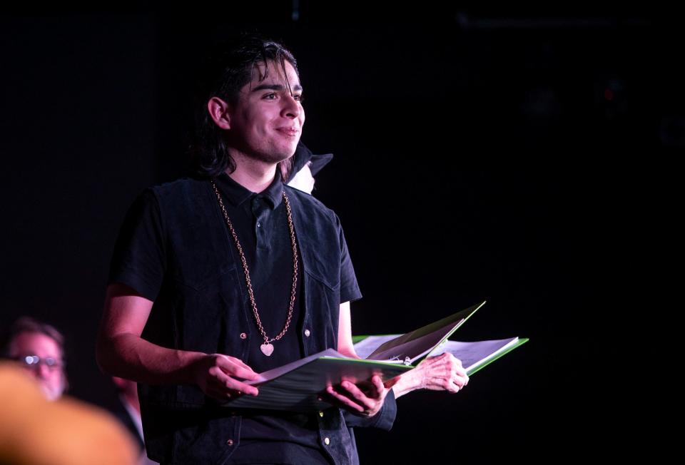 Julian Perez as Orlando performs his lines during a reading of Shakespeare's As You Like It at The Joslyn Center in Palm Desert, Calif., Thursday, Sept. 28, 2023.