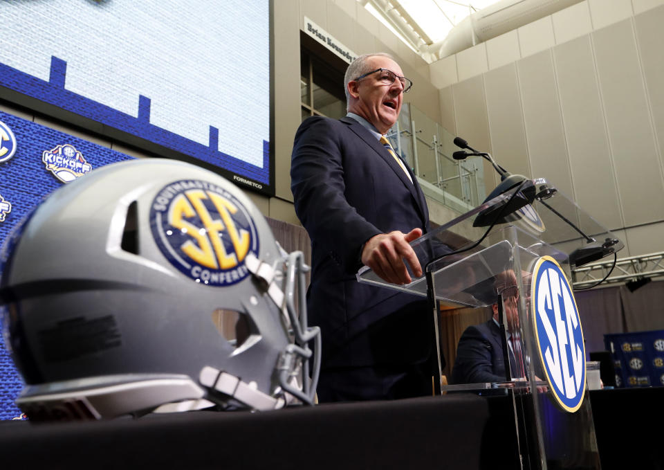 Southeastern Conference commissioner Greg Sankey speaks during SEC football Media Days Monday, July 16, 2018, in Atlanta. (AP Photo/John Bazemore)