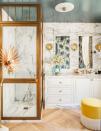 <p>In this primary bathroom designed by <a href="https://www.julierootes.com/" rel="nofollow noopener" target="_blank" data-ylk="slk:Julie Rootes Interiors;elm:context_link;itc:0;sec:content-canvas" class="link ">Julie Rootes Interiors</a>, the white marble shower, walls, and vanity set the tone for a luxe, cohesive look. The gallery-esque floor lamp doubles as modern art, which contrasts nicely with the traditional elements throughout. And the high-gloss ceiling feels both contemporary and fresh while the timeless, neutral color keeps the space classic. (Pro tip: The higher the paint sheen, the easier to clean and maintain—especially in high-moisture areas, like a bathroom). </p>