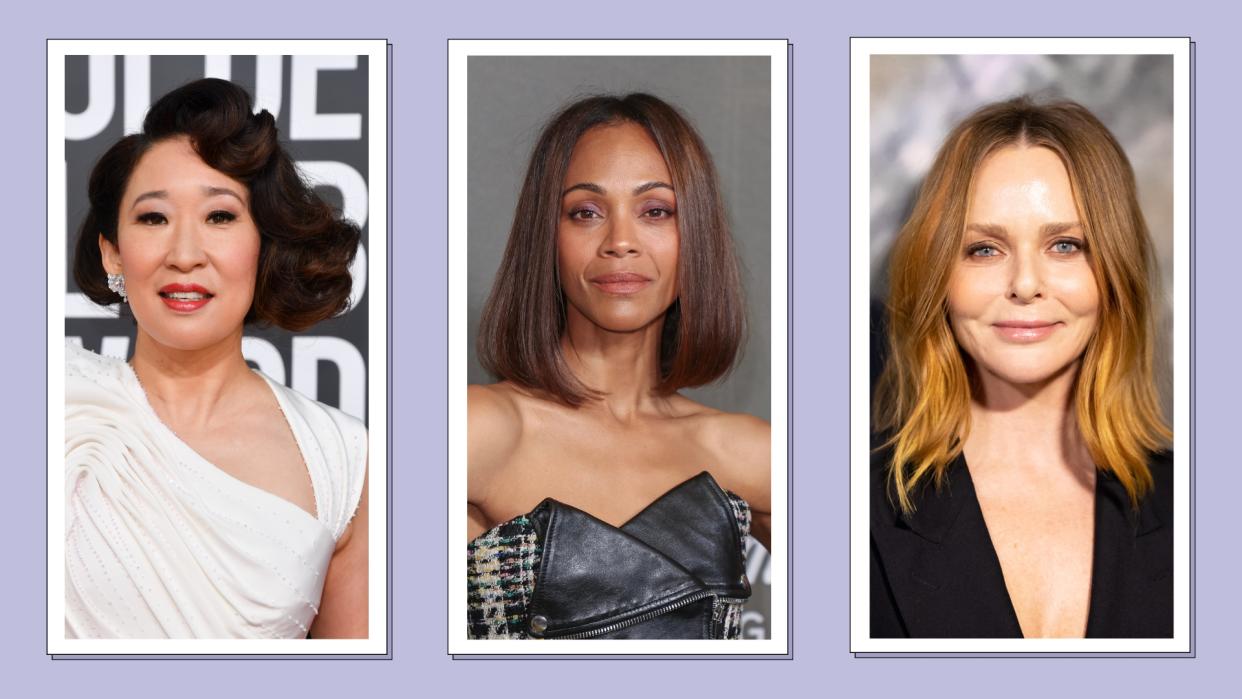  Sandra Oh, Zoe Saldana and Stella McCartney pictured with winter bob trends/ in a purple template . 