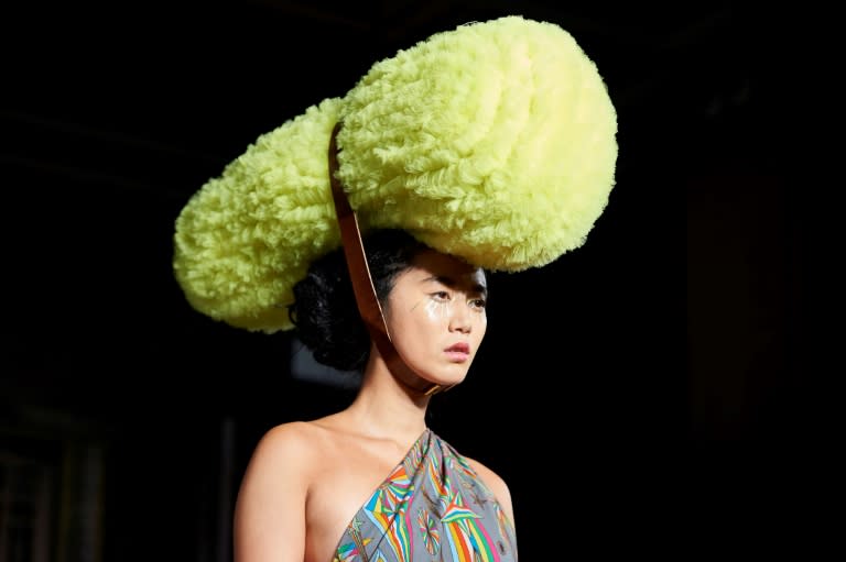 Extravagant headwear was a key theme of the catwalk show by British designer Pam Hogg