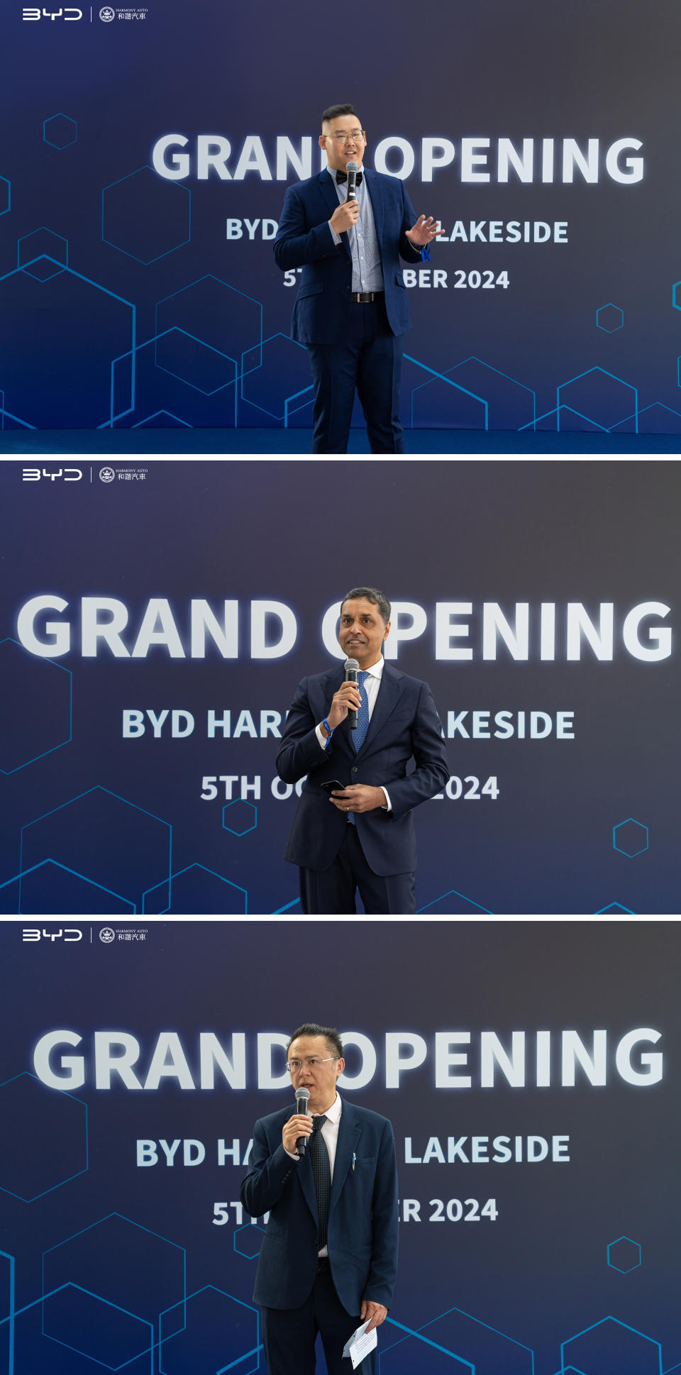 The photo shows, from top to bottom: Benny Li, Head of Retailer Marketing of BYD UK, Geetan Jessen, General Manager of Harmony BYD UK, Ken Pang, Transaction Manager of Harmony BYD UK