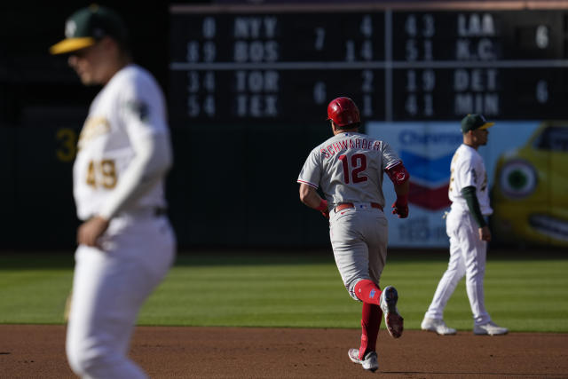 Schwarber homers on 1st pitch, Phillies beat A's 6-1 and stretch