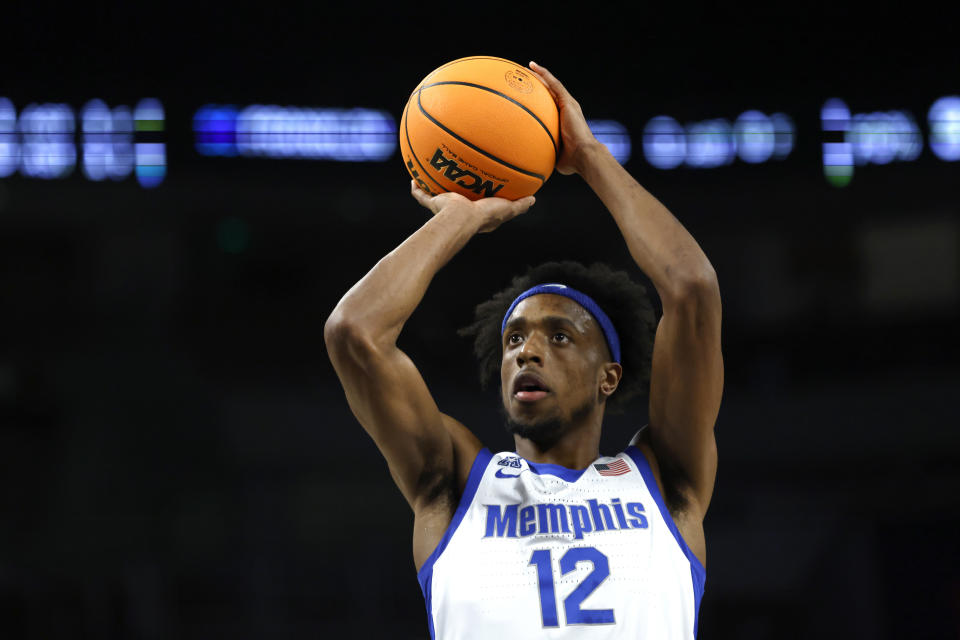 Memphis forward DeAndre Williams shoots against Tulane during first half of an NCAA college basketball game in the semifinals of the American Athletic Conference men's tournament Saturday, March 11, 2023, in Fort Worth, Texas. (AP Photo/Ron Jenkins)