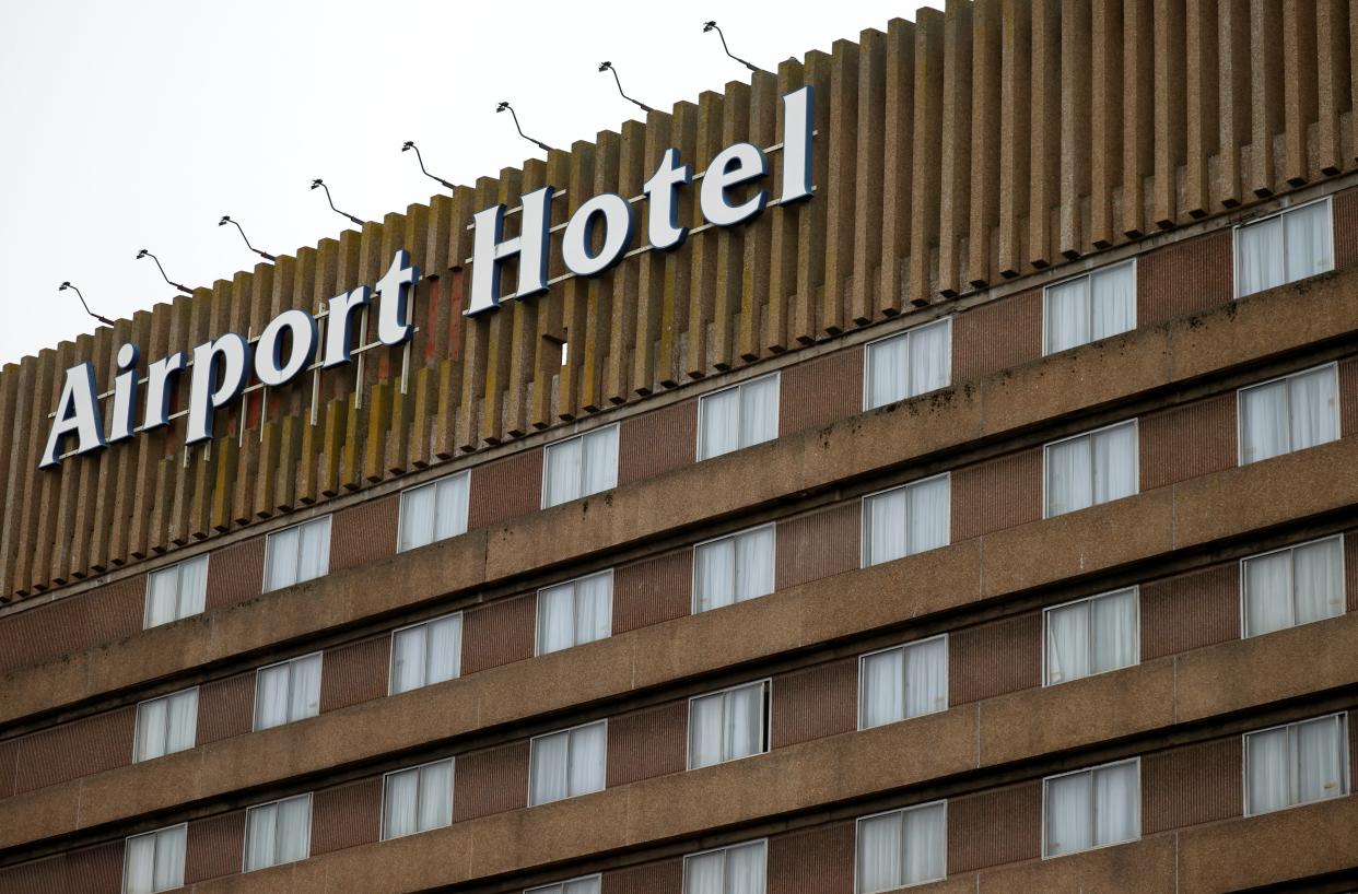 Signage is seen on a hotel near Manchester Airport (REUTERS)