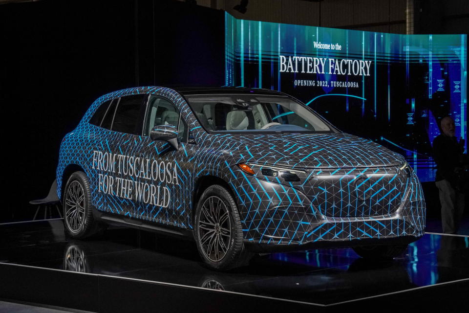 A wrapped all-electric EQS SUV is seen at the opening of a Mercedes-Benz electric vehicle Battery Factory, marking one of only seven locations producing batteries for their fully electric Mercedes-EQ models, in Woodstock, Alabama, U.S., March 15, 2022. REUTERS/Elijah Nouvelage