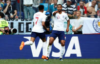 <p>England’s Jesse Lingard celebrates scoring their third goal with Ruben Loftus-Cheek REUTERS/Murad Sezer </p>