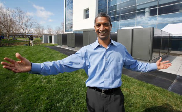 KR Sridhar, co-founder and CEO of Bloom Energy, poses in front of Bloom Energy power servers at eBay offices in San Jose, Calif., in 2010. 