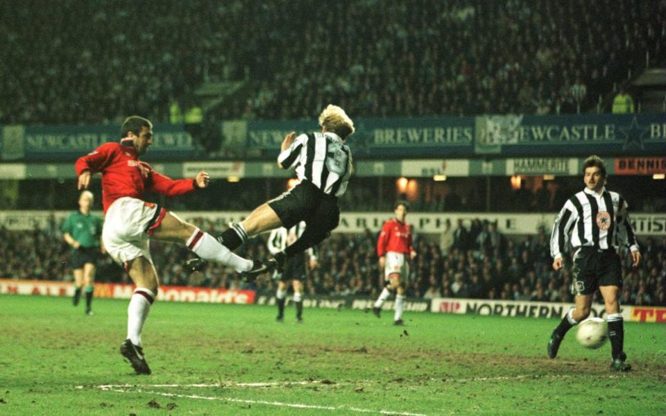 Eric Cantona scores for Manchester United away at Newcastle in 1996 - Newcastle and Manchester United could reignite rivalry of Nineties glory days - Getty Images/Stu Forster