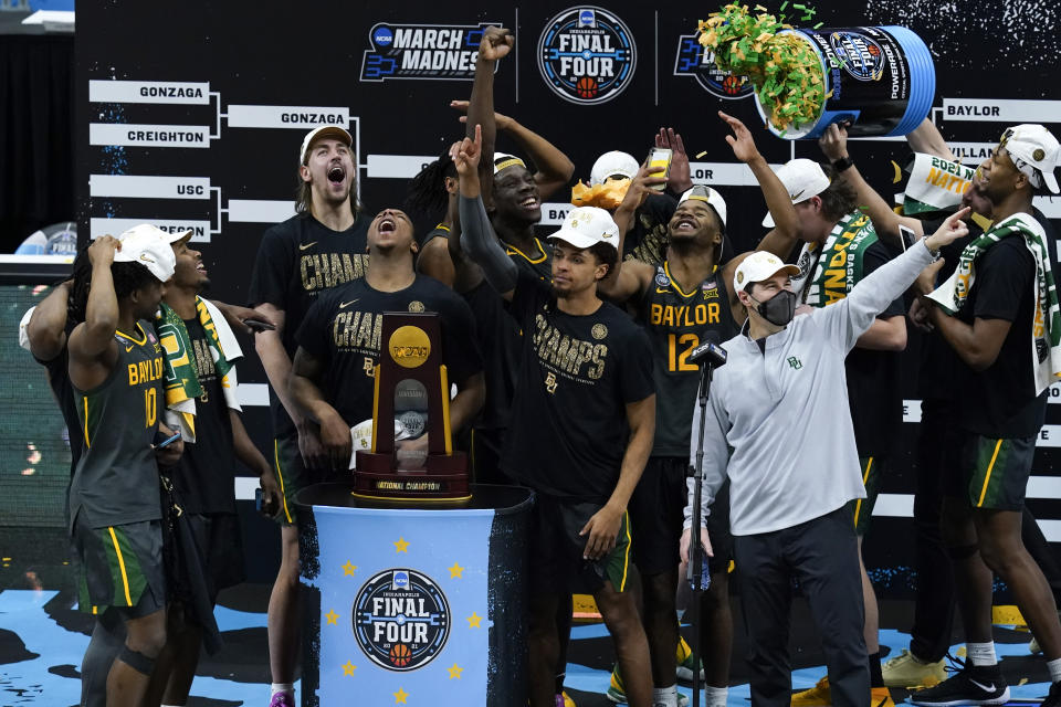 Baylor players and coaches celebrate after the championship game against Gonzaga in the NCAA title game on Monday. (AP)