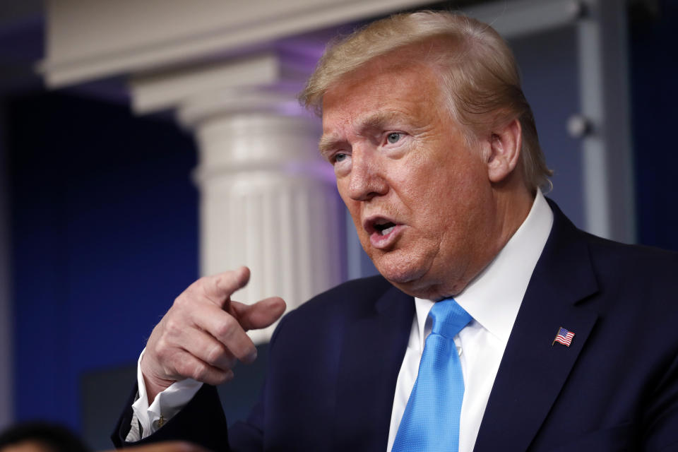 President Donald Trump speaks about the coronavirus in the James Brady Press Briefing Room of the White House, Tuesday, April 7, 2020, in Washington. (AP Photo/Alex Brandon)