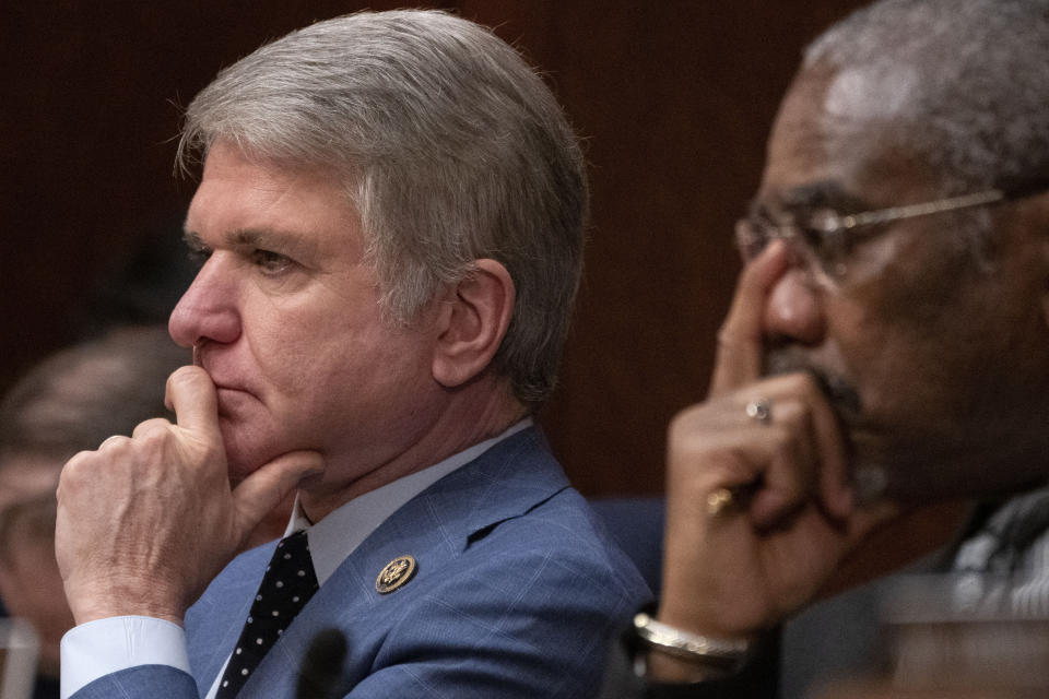 FILE - Chair of the House Foreign Affairs Committee Rep. Michael McCaul, R-Texas, left, and Ranking Member Rep. Gregory Meeks, D-N.Y., attend a full committee hearing about China, Feb. 28, 2023, on Capitol Hill in Washington. McCaul, who in April led a congressional delegation to Taiwan as chair of the House Foreign Affairs Committee, said support for the island has not diminished on the Hill. “Throughout the conversations about aid to Ukraine, I have not heard a single person take a swipe at Taiwan," McCaul said. (AP Photo/Jacquelyn Martin, File)