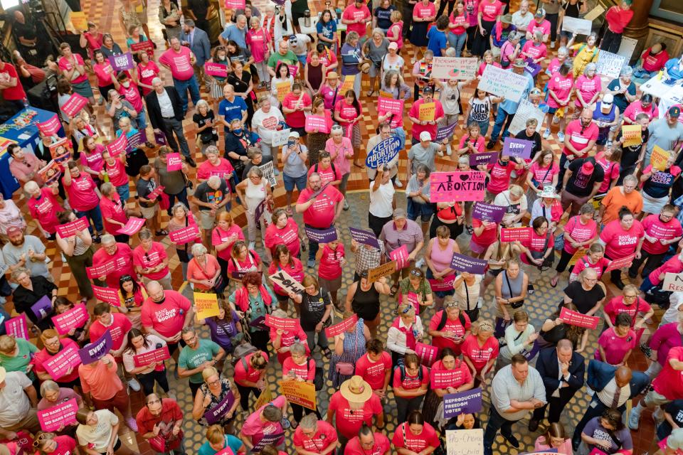 Protesters rally in the Iowa Capitol rotunda in support of reproductive rights as the Legislature convened for a special session to pass a six-week "fetal heartbeat" abortion ban Tuesday, July 11, 2023.
