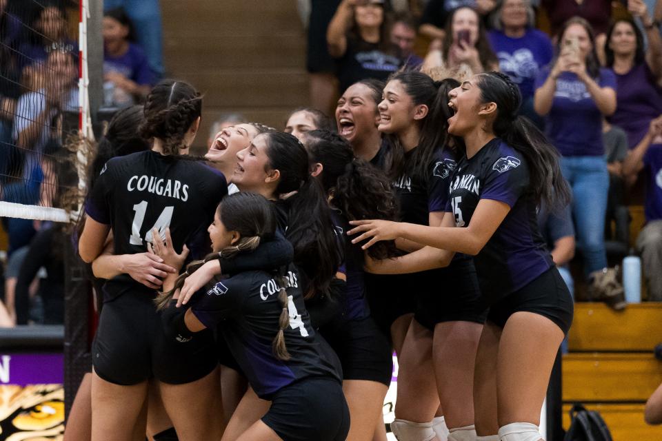 Franklin celebrates their win against Coronado High School in a volleyball game on Tuesday, Sept. 26, 2023, at Franklin High School in West El Paso.