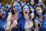 Duke student fans cheer before an NCAA college basketball game against North Carolina on Saturday, Feb. 4, 2023, in Durham, N.C. (AP Photo/Jacob Kupferman)