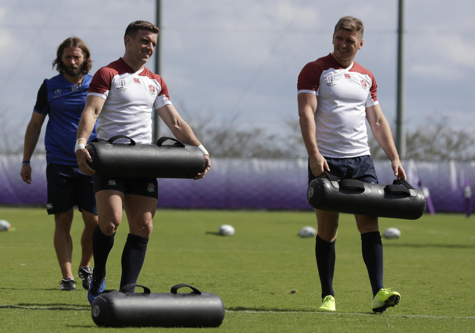 England rugby player George Ford, left, and team captain Owen Farrell train at Beppu, Japan, Tuesday Oct. 15, 2019. England will play Australia in the quarterfinals of the Rugby World Cup on Oct. 19. (AP Photo/Aaron Favila)