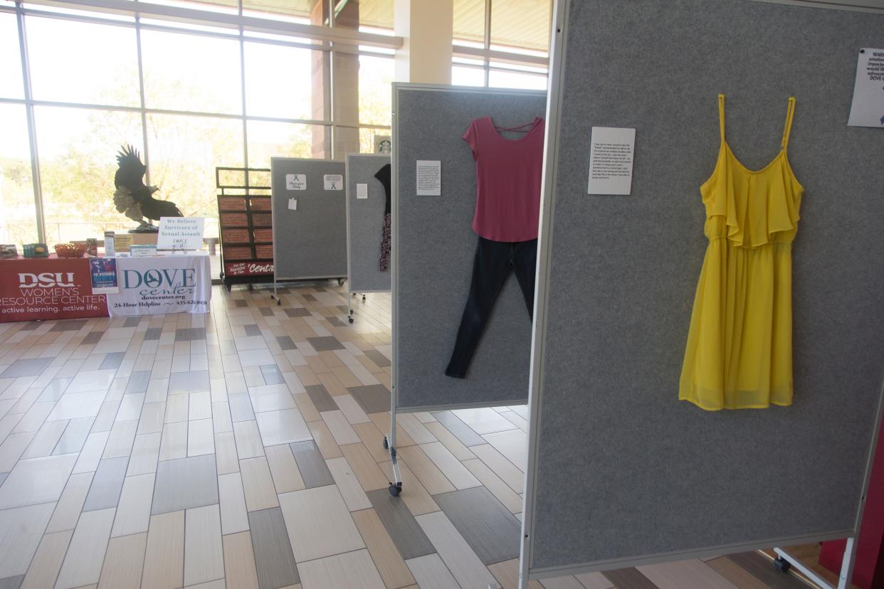 The Dove Center provides sexual assault awareness and victim resources through the What Were You Wearing? exhibit at DSU Thursday, April 7, 2022. The collection aims to dispel victim blaming and other myths often associated with sexual assault. 