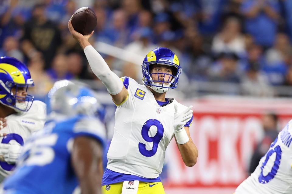 DETROIT, MICHIGAN - SEPTEMBER 08: Matthew Stafford #9 of the Los Angeles Rams looks to pass against the Detroit Lions in the first quarter at Ford Field on September 08, 2024 in Detroit, Michigan. (Photo by Gregory Shamus/Getty Images)