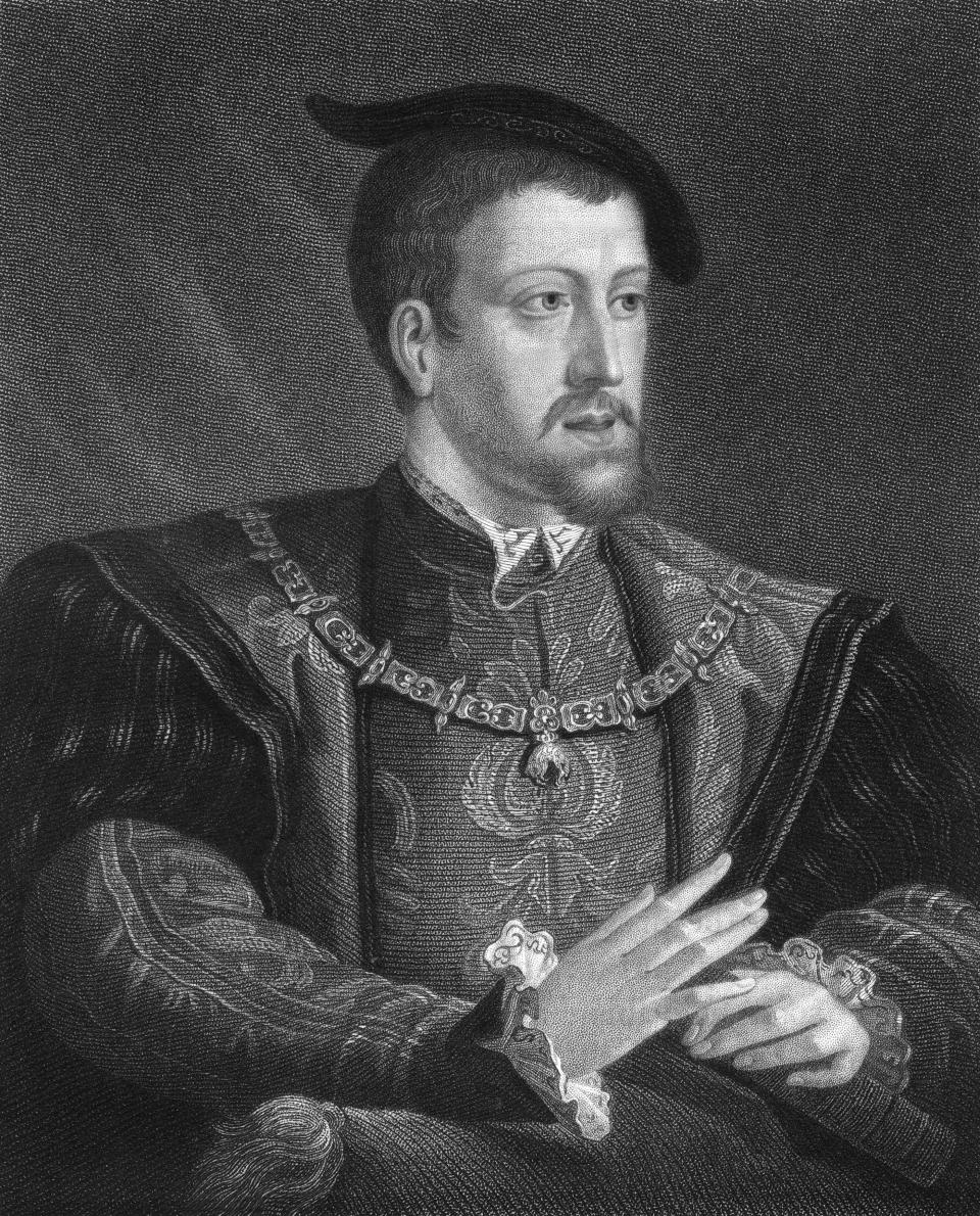 Charles V, King of Spain and Holy Roman Emperor, (1836). Charles (1500-1558) depicted wearing the chain of the Order of the Golden Fleece. Crowned King Charles I of Spain in 1516, he was the founder of the Habsburg dynasty. He became Holy Roman Emperor in 1519. After the original painting by Holbein. (Photo by The Print Collector/Print Collector/Getty Images)