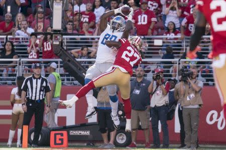 September 16, 2018; Santa Clara, CA, USA; Detroit Lions tight end Michael Roberts (80) catches a touchdown pass against San Francisco 49ers defensive back Adrian Colbert (27) during the fourth quarter at Levi's Stadium. The 49ers defeated the Lions 30-27. Mandatory Credit: Kyle Terada-USA TODAY Sports