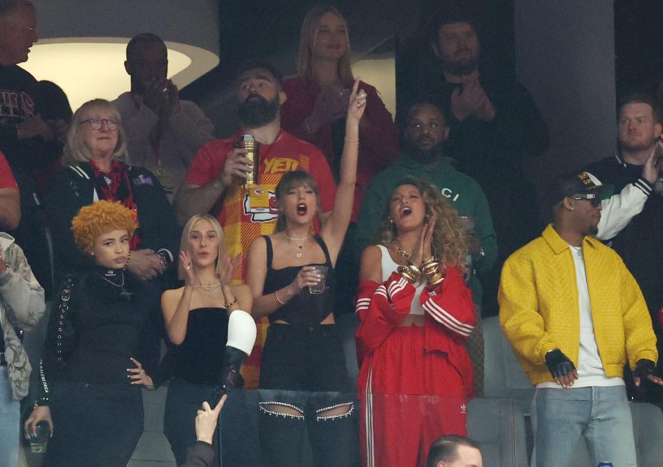 Ice Spice, left, Ashley Avignone, Taylor Swift, center, and Blake Lively watch Super Bowl 58 between the Kansas City Chiefs and the San Francisco 49ers at Allegiant Stadium.