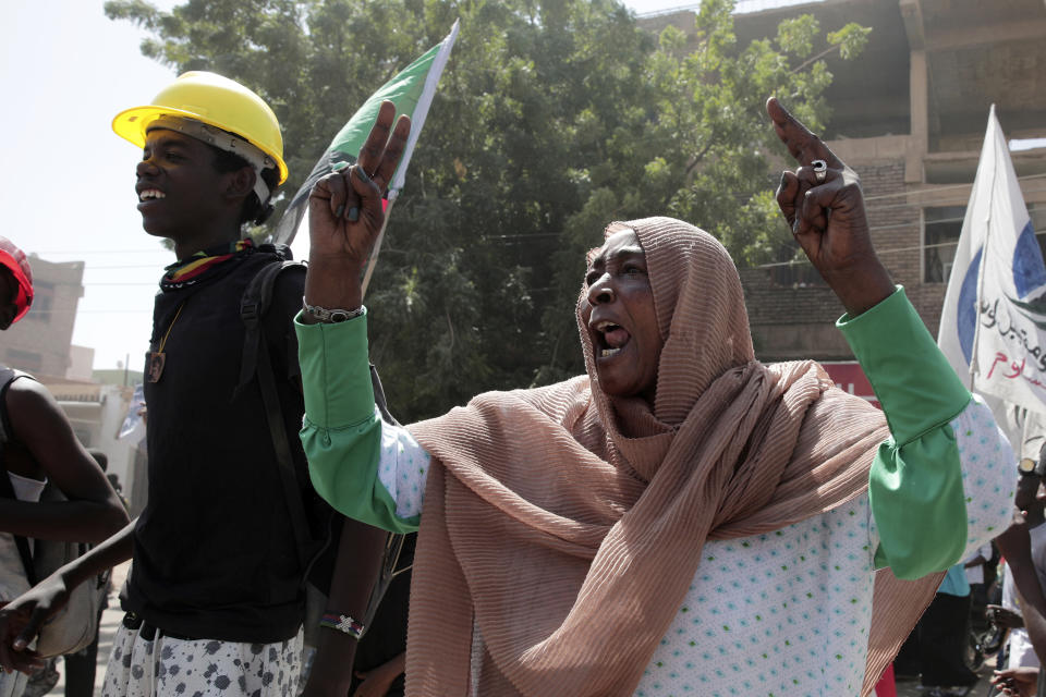 Sudanese demonstrators attend rally to demand the return to civilian rule nearly a year after a military coup led by General Abdel Fattah al-Burhan, in Khartoum, Sudan, Tuesday, Oct.25, 2022. (AP Photo/Marwan Ali)