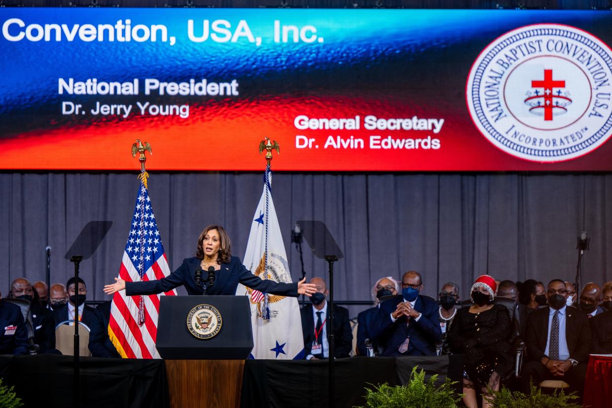 HOUSTON, TEXAS - SEPTEMBER 08: US Vice President Kamala Harris speaks at the National Baptist Convention on September 08, 2022 in Houston, Texas. The National Baptist Convention was formed in 1886, and gathers church members and leaders from around the country in discussing church evangelism, disaster relief, and funding for education. (Photo by Brandon Bell/Getty Images)